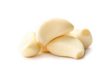 Fresh beautiful whole peeled garlic cloves in stack isolated on white background with clipping path.