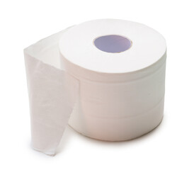 Single roll of white tissue paper or napkin prepared for use in toilet or restroom isolated on white background with clipping path and shadow in png file format