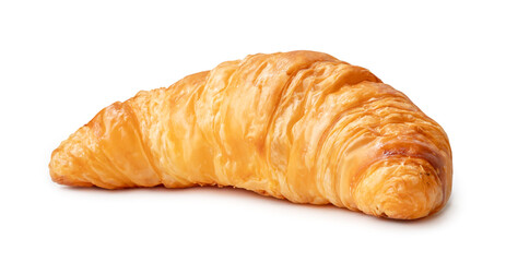 Front view of single croissant isolated on white background with clipping path and shadow in png...