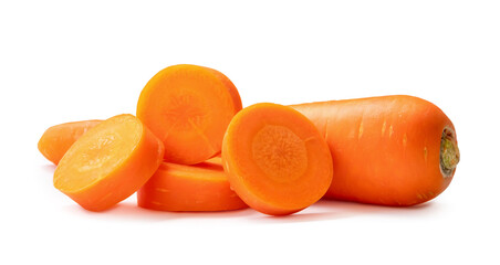 Single beautiful fresh orange carrots with slices in stack isolated on white background with...