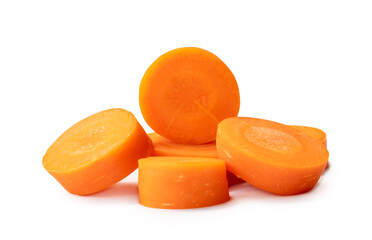 Fresh beautiful carrot slices isolated on white background witch clipping path and shadow in png file format Front view.