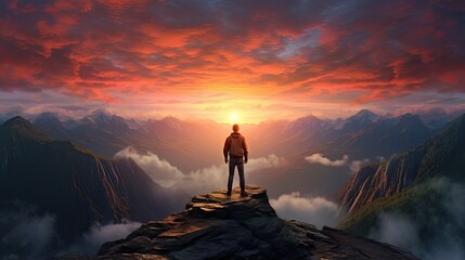Fototapeta premium Man standing in top of the mountain with sunrise above the cloud hiking
