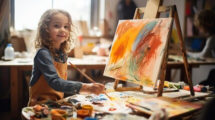 Child painting, kid activity art class 