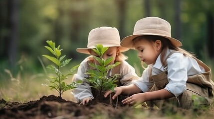 Children planting tree in nature, save earth