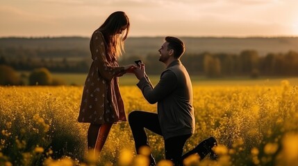 Man propose marriage with girlfriend, man stand on his knee at flower field - obrazy, fototapety, plakaty
