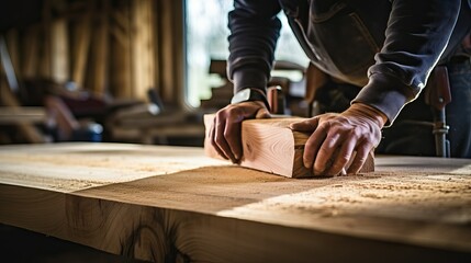 Carpenter working on a board, Man woodworking in his workshop - obrazy, fototapety, plakaty