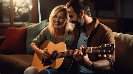Couple play guitar on sofa, enjoy practice music