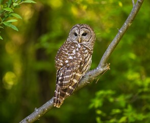 Barred owl perched on a tree branch. Strix varia.