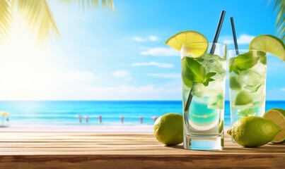 Long Drink mojito cocktail summer tropical sunny beach drink bar, Generative AI - obrazy, fototapety, plakaty