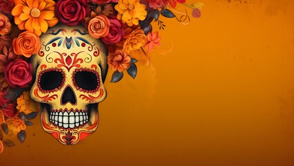 Dia De Los Muertos or Day of the Dead Celebration Banner background wtih sculls and yellow flowers. Not based on any actual person, scene or pattern.