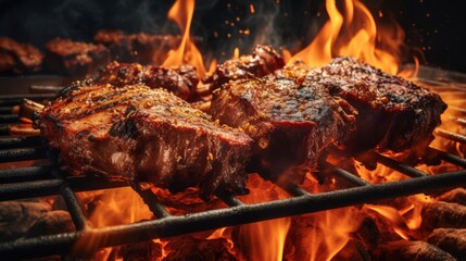 Photo of two steaks sizzling on a hot grill with flames