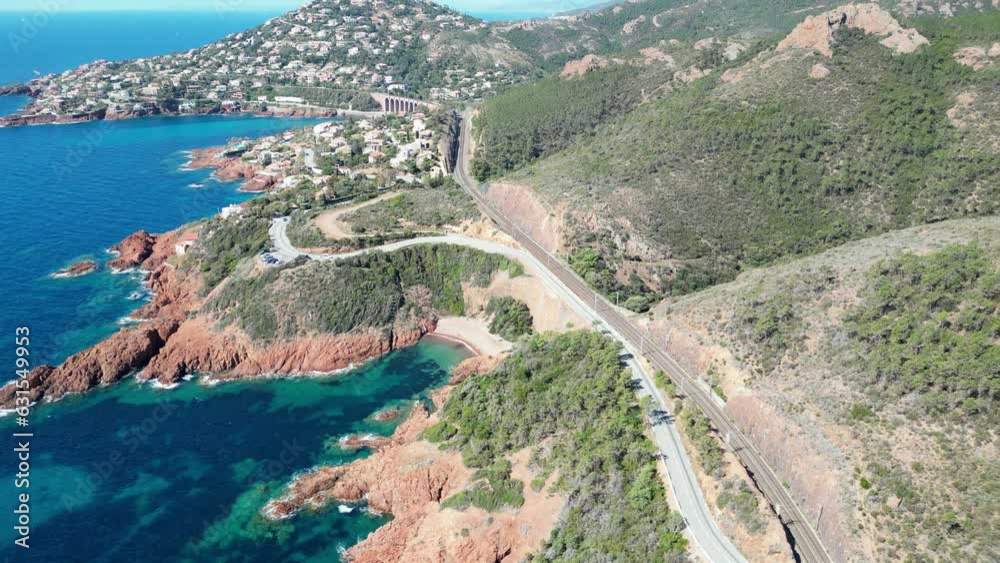 Poster Beautiful drone scene of Massif de l'Esterel coastal mountain range with green forest in France