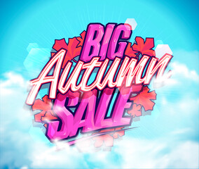 Big autumn sale web banner template with pink 3D lettering and cloudy sky