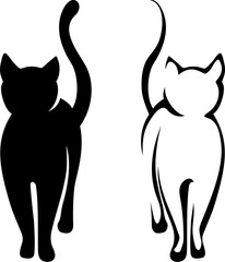 Cats. Black silhouette and contour drawing of a cat isolated on a white background. Vector illustrations