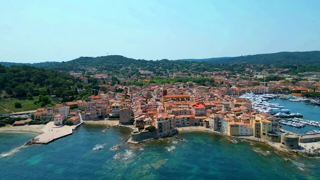 Aerial of the colorful buildings of Saint Topez harbor, French Riviera