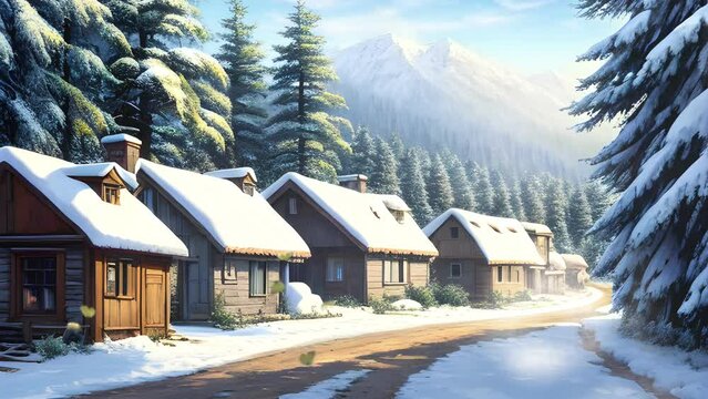 Beautiful scenery of village in winter. Seamless loop video