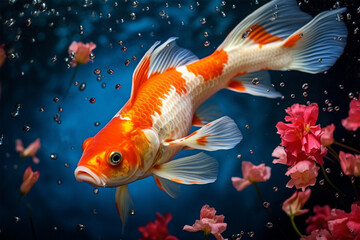 Colorful fish and koi swimming in vivid underwater world with sea life.