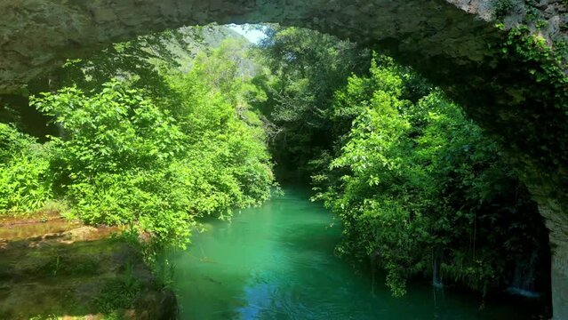 Landscape footage showing the stone bridge in Pont Des Tuves, Montauroux, France