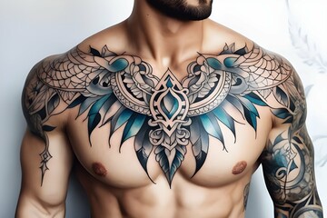 A man with a tattoo design that stands out with complex and elaborate patterns on his body