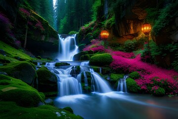 waterfall in the forest wallpaper generated by AI tool                               
