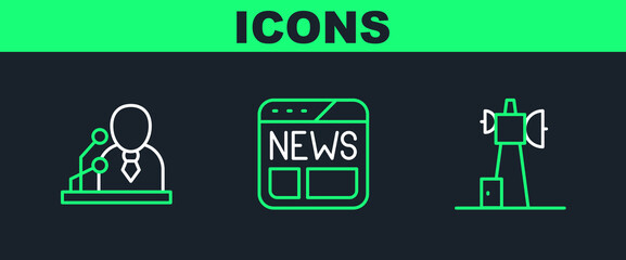 Set line Antenna, Breaking news and News icon. Vector