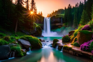 fountain in mountains at sunrise wallpaper generated by AI tool                               
