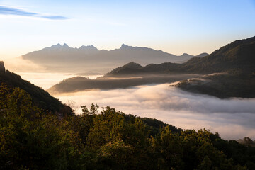 mountain landscape above the clouds at Podenzana, Province of Massa and Carrara, Tuscany, Italy
