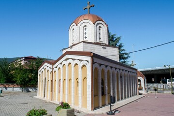 Church of the Three Holy Hierarchs in Skopje, North Macedonia. White stone Orthodox Church.
