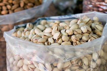 A large sack of pistachios ready to be sold by a vendor at a green market in Macedonia.