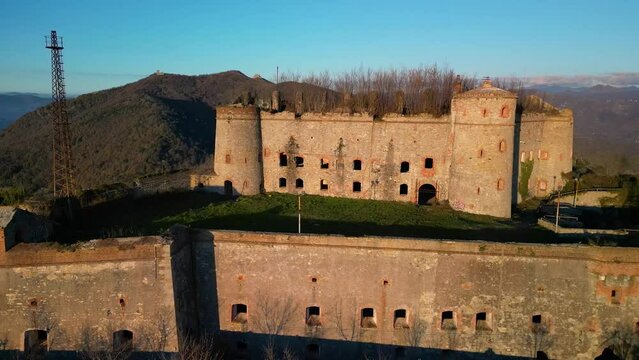 Drone view of the Forte Sperone against the blue sky in Genoa, Italy