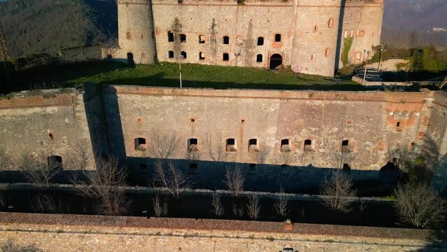 Drone view of the Forte Sperone against the blue sky in Genoa, Italy