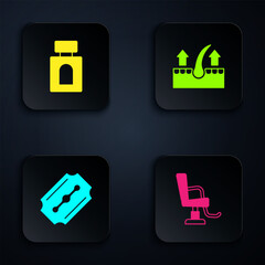 Obraz premium Set Barbershop chair, Aftershave, Blade razor and Human follicle. Black square button. Vector