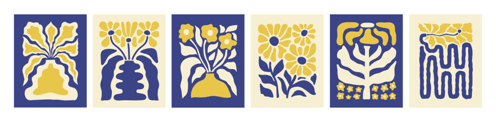 Abstract botanical set posters with various blossom groovy flowers. Naive art decor. Trendy hand drawn vector illustration. Blue and yellow colors
