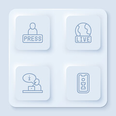 Set line Journalist news, Live report, Television and Information. White square button. Vector