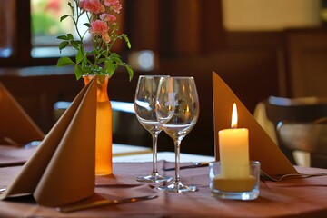 Table with two wine glasses, a lit candle, and two neatly folded cloth napkins placed on top.