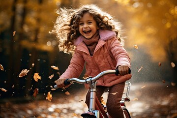 Kleines Mädchen mit rosa Jacke fährt mit dem Fahrrad fröhlich lachend durch den herbstlichen Wald