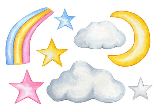 Hand drawn watercolor set with clouds, stars, moon
