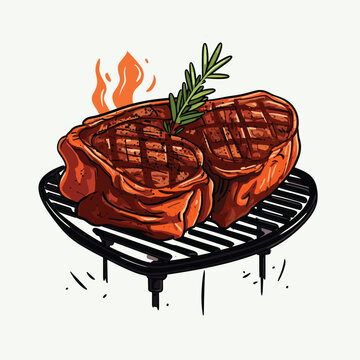 Vector illustration of a sizzling steak cooking on a hot grill