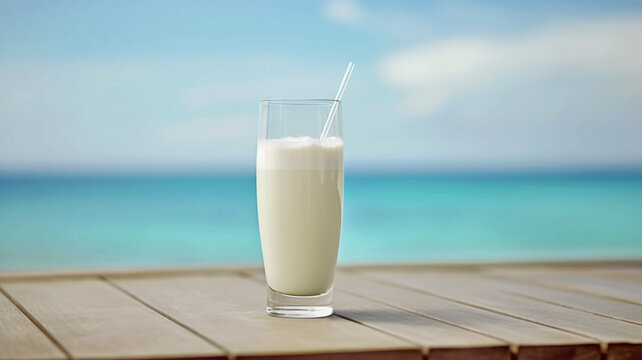 Fresh cold milk cocktail on beach, Summer sea vacation and travel concept. Banner. Generative AI