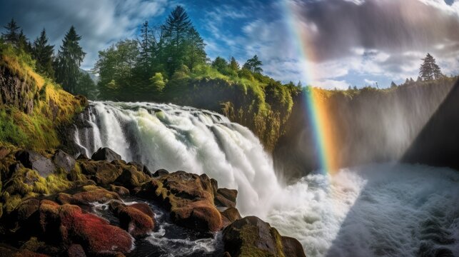Mesmerizing waterfall scene, Highlighting the thunderous water, Rainbow mist, Moss-covered rocks, Surrounding lush greenery, Rainbow arcing across the scene, Generative AI © Chetiwat