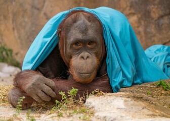 Orangutan lies under a blue blanket and poses for the camera. © Adrian De La Paz/Wirestock Creators