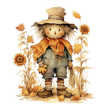 recommend clip art: Cute Scarecrow Clipart Watercolor, Fall Scarecrow Illustration, Autumn Decor, Farm Scarecrow Art, made with generative AI