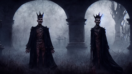 A dark fantasy characters, a dark vampires traveling through the dark underworld. 4K illustration