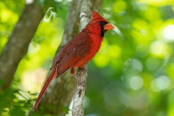Vibrant red male cardinal perched atop a branch in the lush greenery of a tall tree