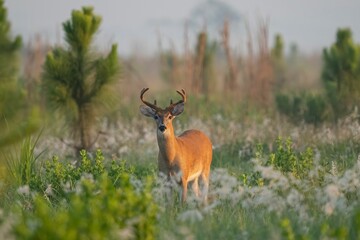 Majestic whitetail buck stands in a field of wild grass and weeds
