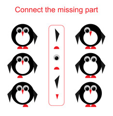 Connect the missing part. Task for the development of attention and logic. Vector illustration of cartoon penguin.