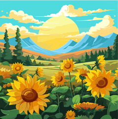 Fototapeta na wymiar Sunflower field on beautifull hills, sunny summer day landscape.