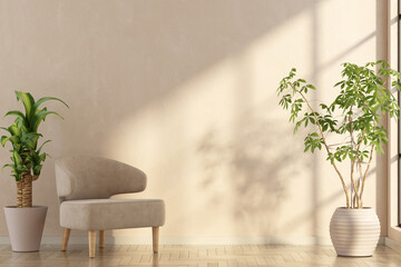 Interior with chair and plants. 3D render