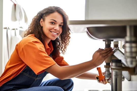 Woman plumber working near metal pipes indoor, female professional occupation. Generative AI