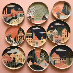 Ceramic plates, Handmade, Hand-painted, Local landmarks, Beige background, Artisanal, Crafted, Handcrafted, Pottery, Artistic, Decorative, Hand-decorated, Unique, Hand-glazed, Hand-crafted